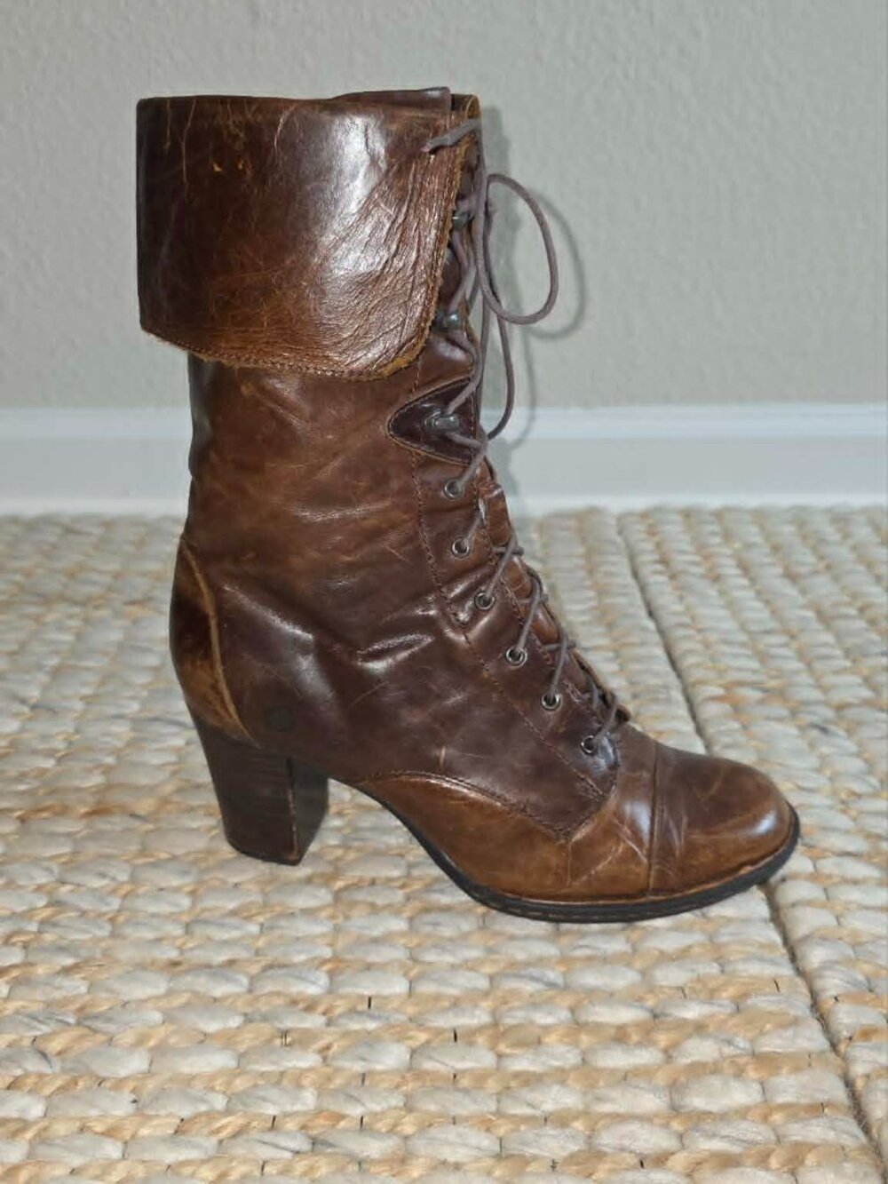 Born Brown Leather Lace Up Fold Over Side Zip Heeled Combat Moto Boot - 9.5 - Picture 2 of 16